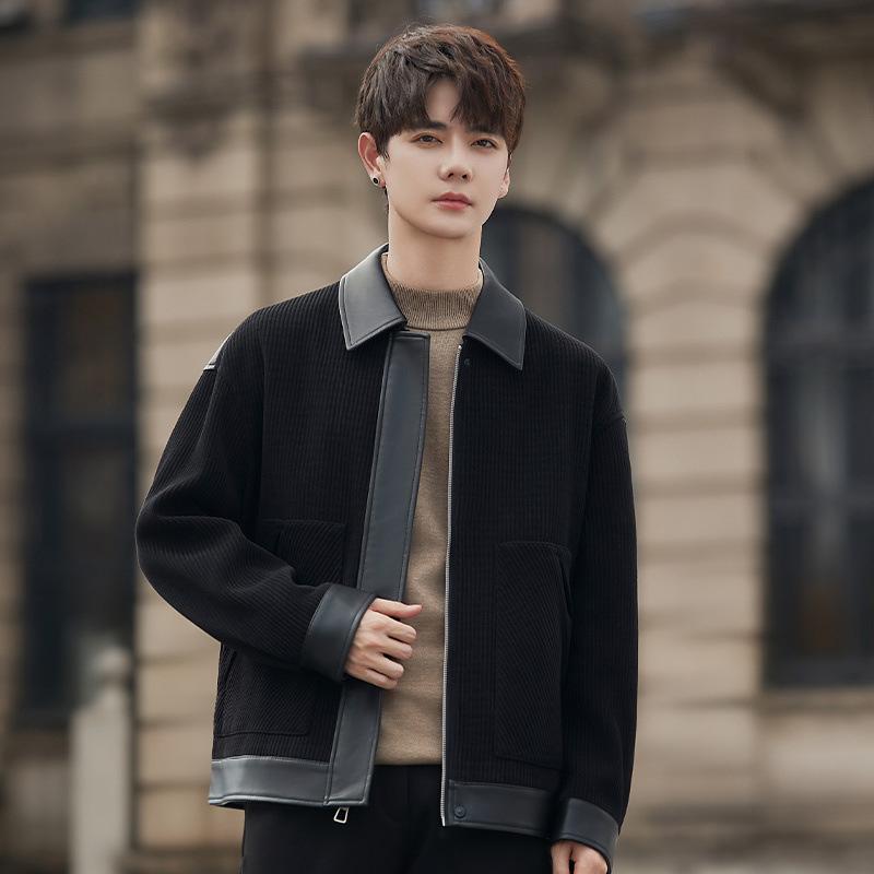 New jacket jacket men's spliced leather spring and autumn corduroy jacket lapel jacket top