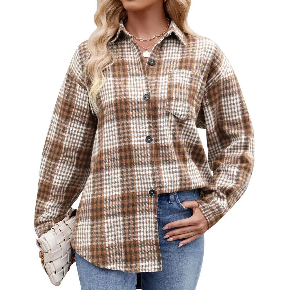 Plaid Button Flannel Woolen Single-breasted Shirt Autumn and Winter Women's Loose Contrasting Lapel Houndstooth