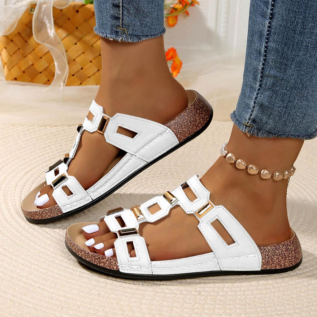 Women'S Chic Style Design Sandals Fashionable Casual Geometric Cutout Metal Flat Sandal Summer Sweat Shoes Sandalias De TacóN