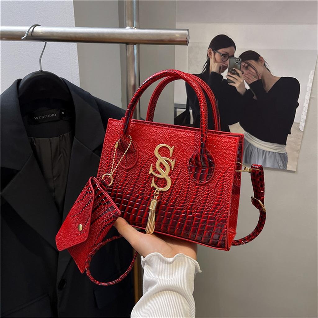 Fashion Solid Color Simple Crocodile Letters Tassel Casual Atmosphere Shoulder Handbag Bag For Women