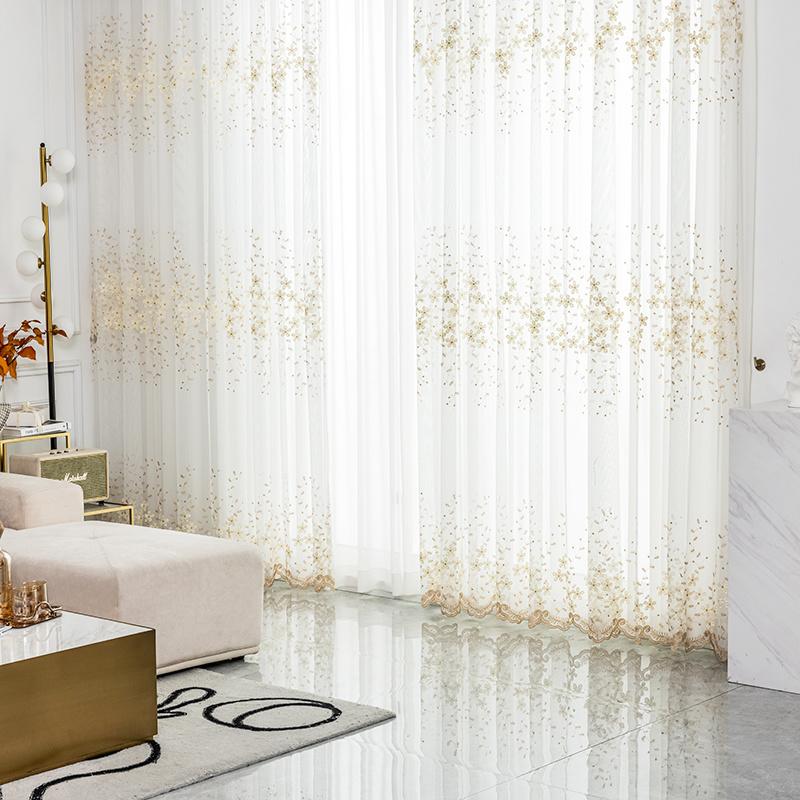 1pc Glam Embroidered Floral Grommet Top Curtain, Semi-Sheer Polyester Window Screen for Bedroom