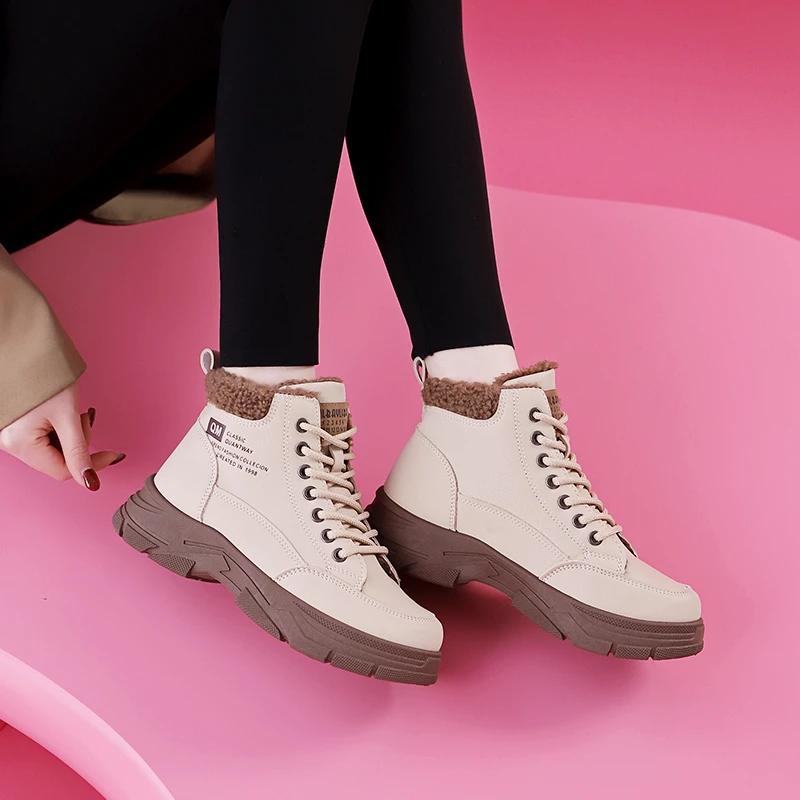 Fashion Women's Cotton Boots 2024 Winter New High Top Women Plush Warm Student Ankle Boots Thick Soled Lace Up Height Increasing Booties