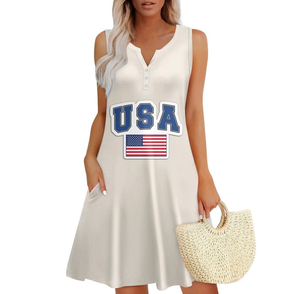 Women's Summer Casual V-Neck Floral Independence Day Button-Down Dress With Pockets