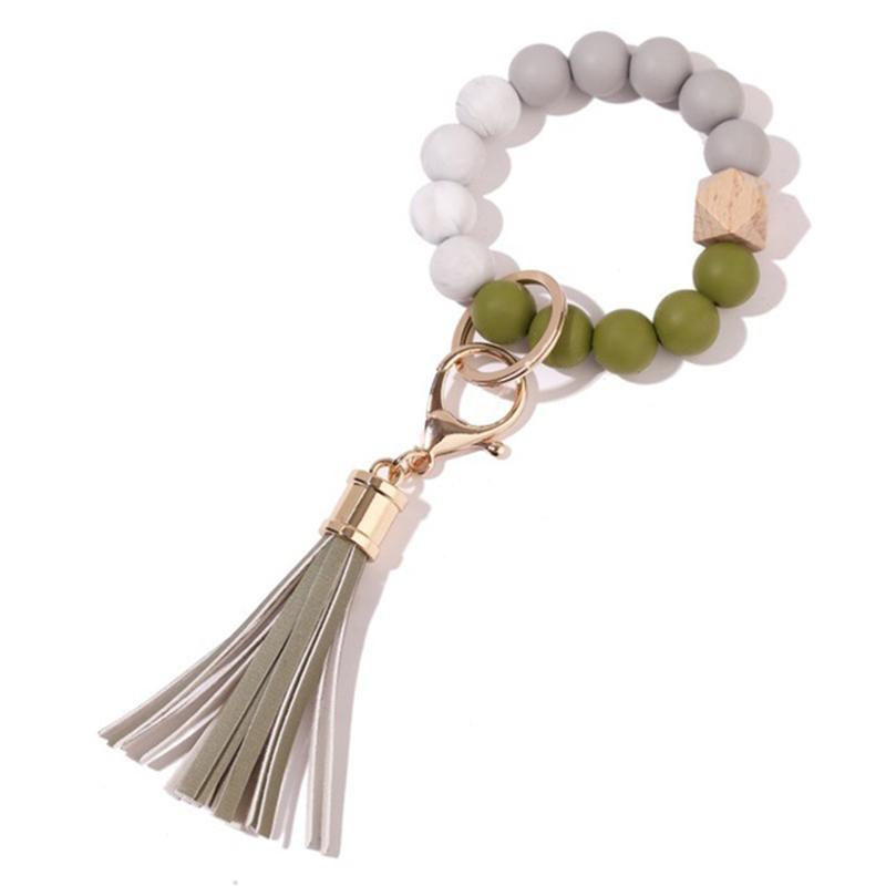Stock Silicone Beads Elastic Bangle Bracelet Keychain Leather Tassel Silicone Beads Bracelet Wristlet Keychain for Women