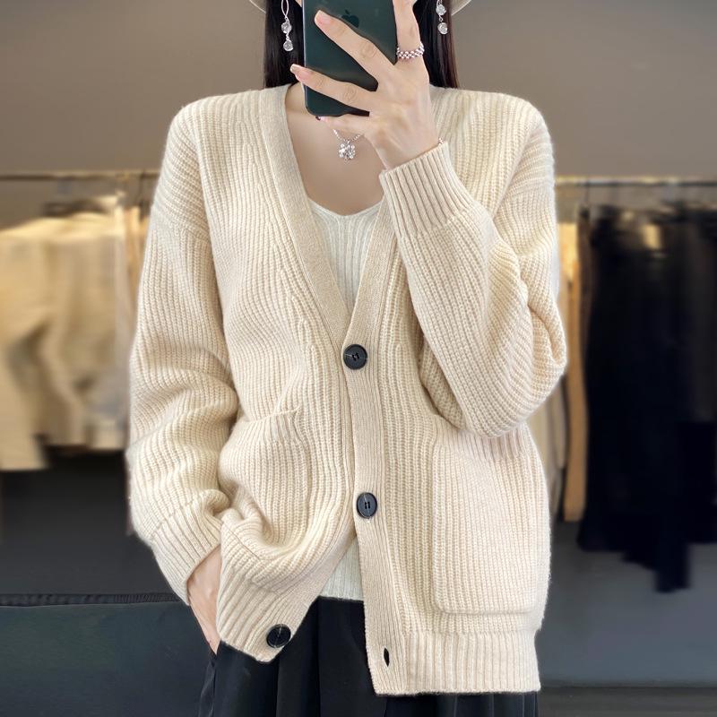 European Women's Winter Sweater - 100% Pure Wool Cardigan, Cashmere Knitwear, Short Coat