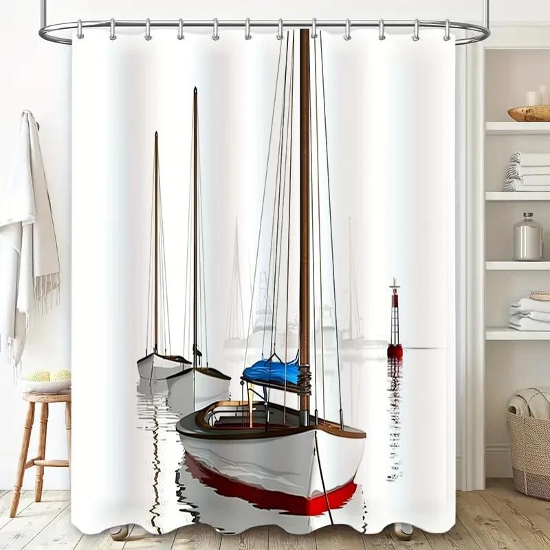 Modern Nautical Shower Curtain Sailboats Print Waterproof Bathroom Decor For Home Improvement Red Blue