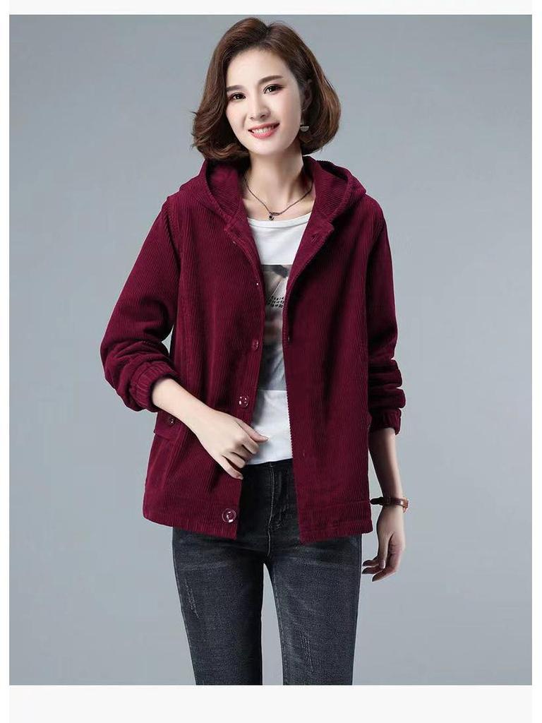 Damejakke i kordfløyel med fleecefôr, 2024 koreansk stil, høst/vinter, løs passform, plussstørrelse, slankende, hettegenser.
