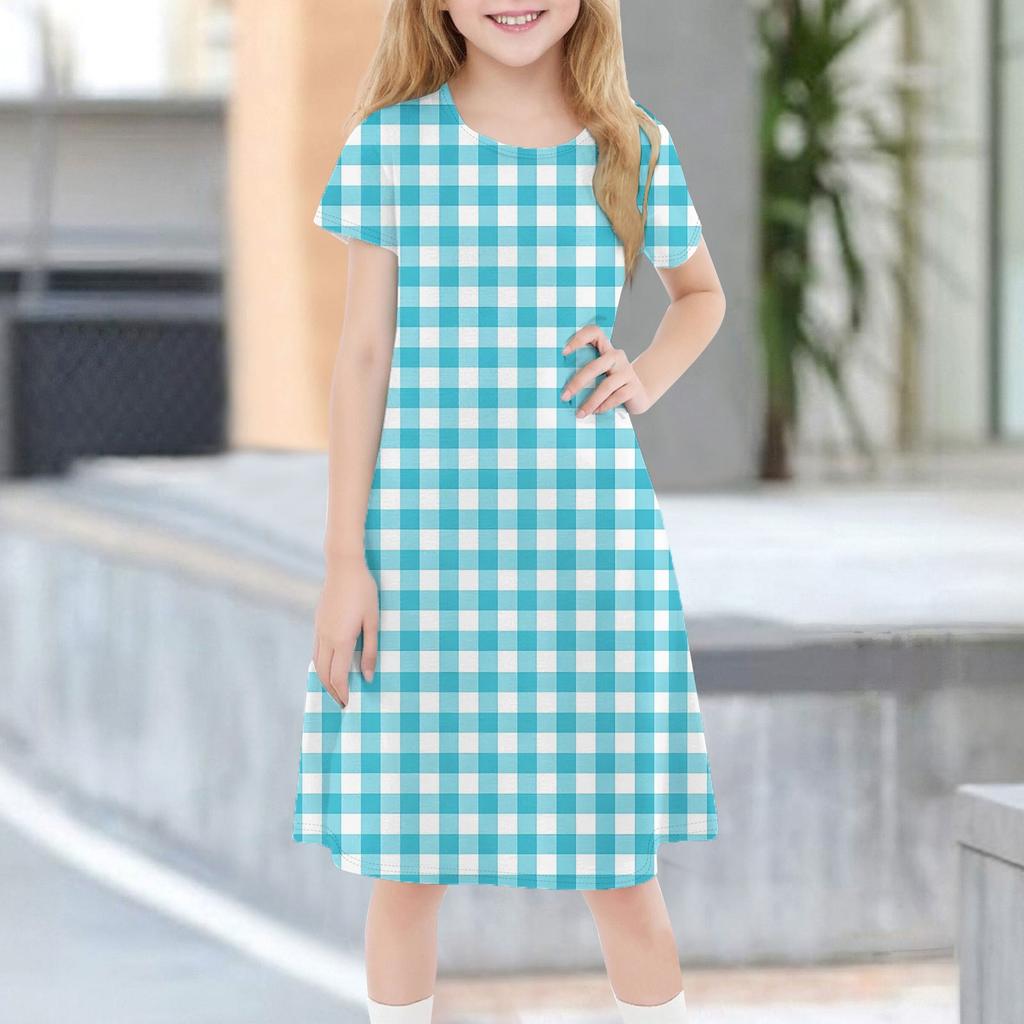 Detské letné ležérne módne šaty s krátkym rukávom a okrúhlym výstrihom