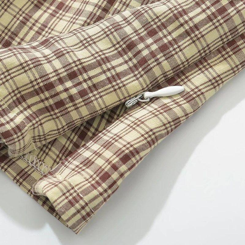 Kaslead New Arrival Women's Clothing Fashion Style Fashion Simple Plaid Camisole Bubble Short Culottes Suit