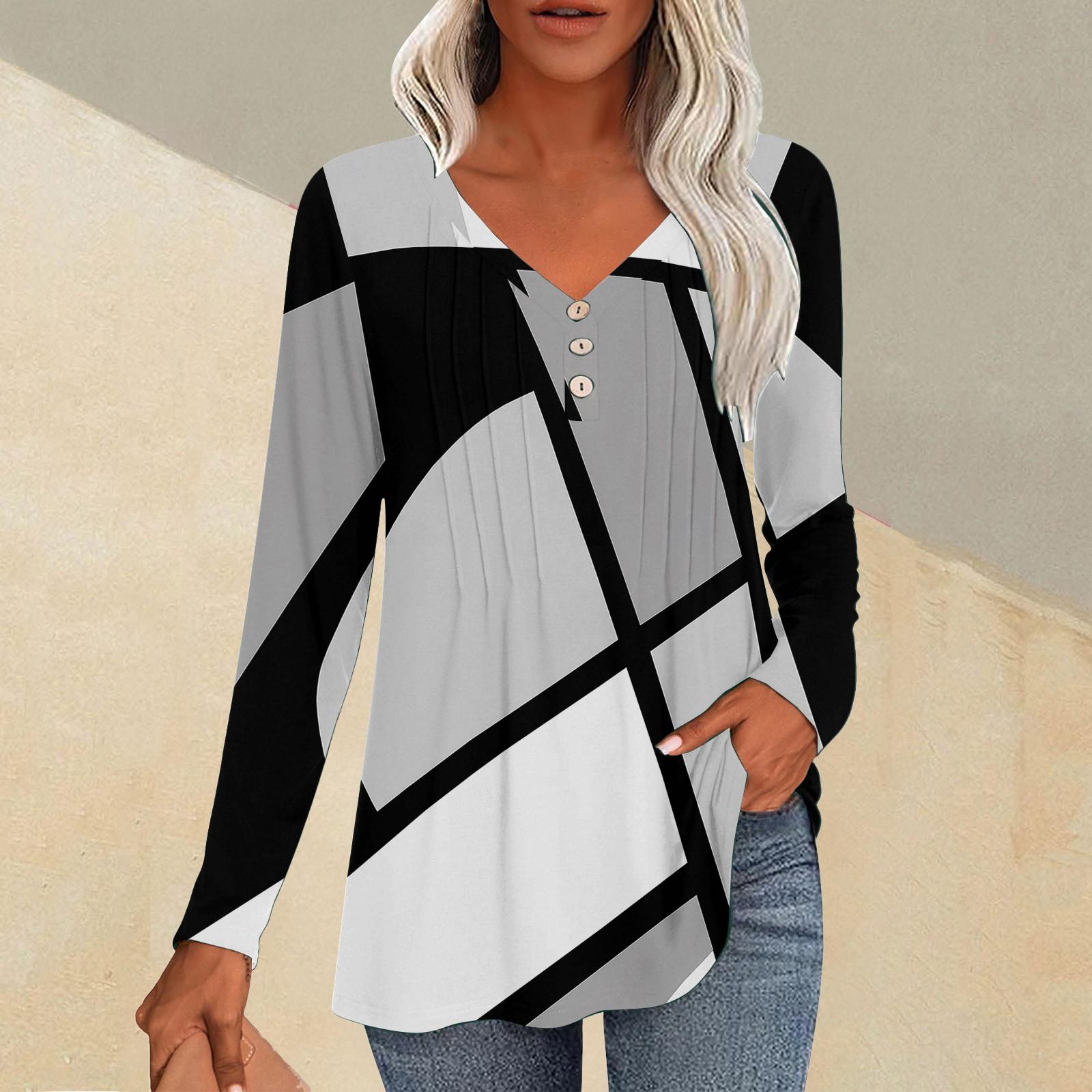 

Модные топы, повседневная плиссированная футболка с V-образным вырезом и длинным рукавом с принтом XL небесно-голубой