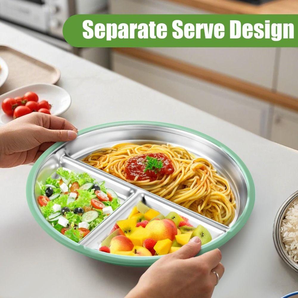 Non-Slip Stainless Steel Kids Plate Silicone Sleeves Toddler Bowls New Divided Baby Plates