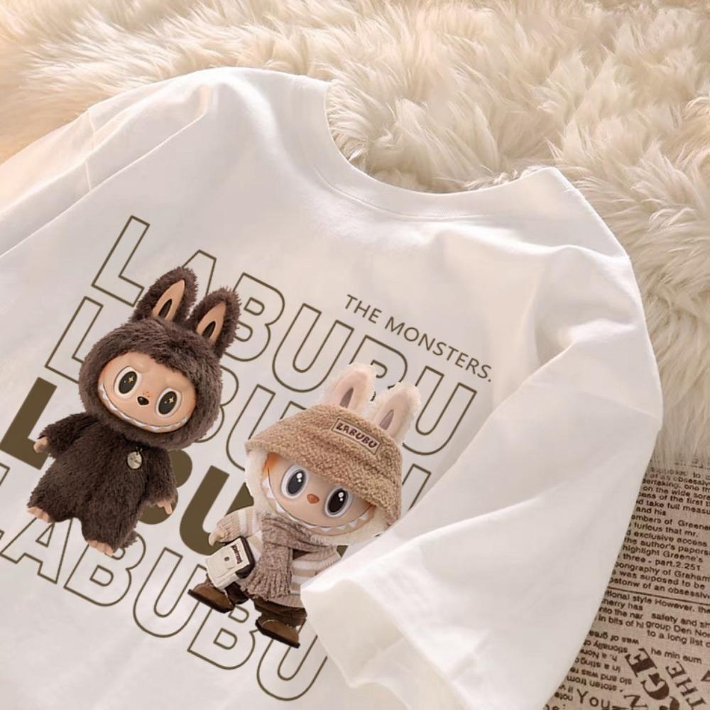 Children's LABUBU Printed T-shirt Korean Style Fashionable and Popular Girl Round Neck Short Sleeved Casual and Comfortable Top