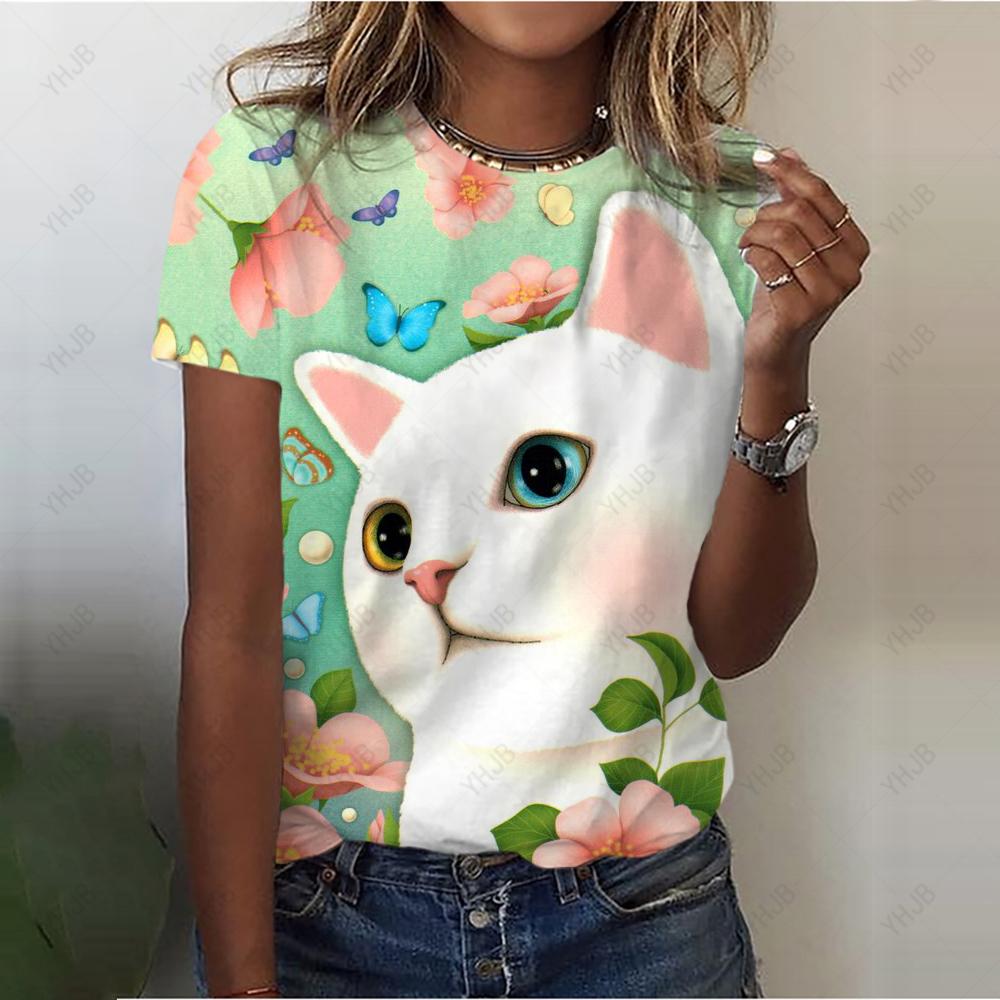Sommer Rundhals 3D Katzenprint Top Modische Lässige Kurzarm Damen T-Shirts