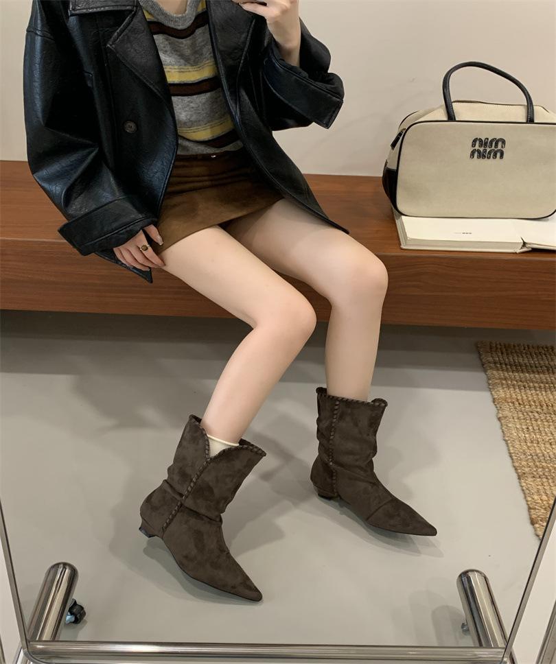 

European and American style matte suede stacking boots hand-tied pointed thick heel short boots 39 зелёный