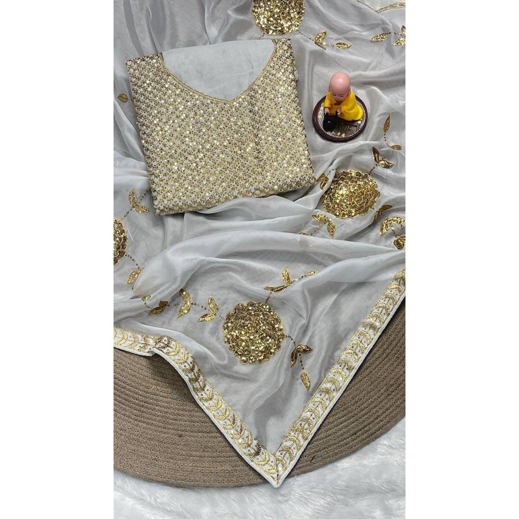 Premium  Georgette Fabrics with 3 Mm Sequence Embroidered Work and Golden Zari Thread Work
