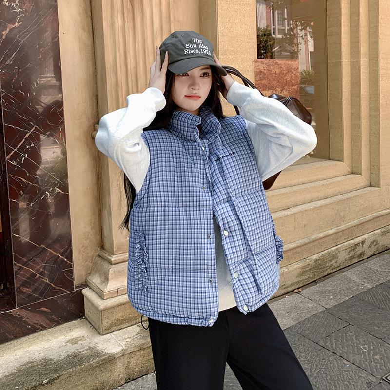 Stand-up collar plaid sleeveless cotton jacket vest jacket women's summer new stacked wear casual loose hidden buckle vest tide
