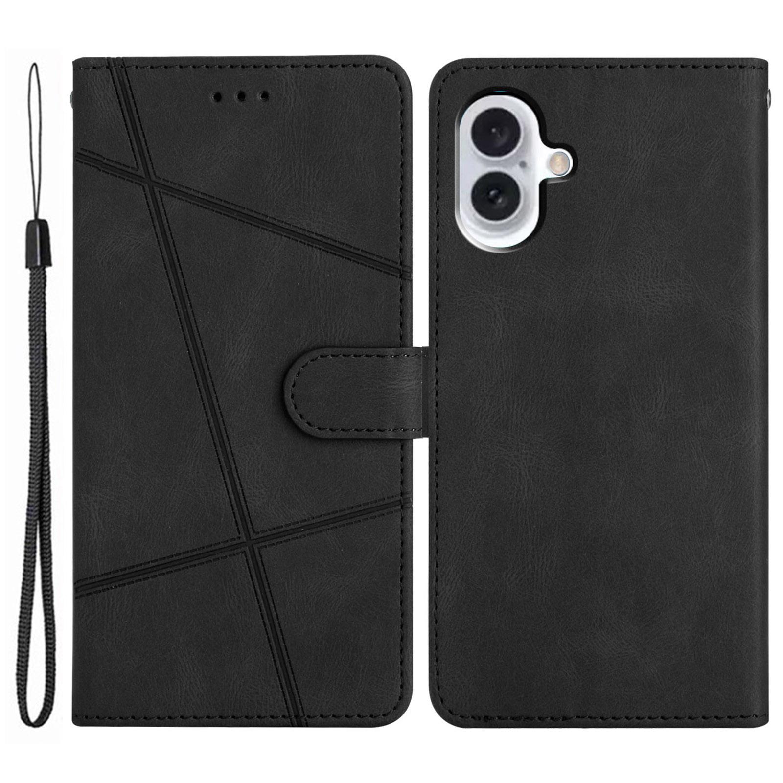 

For iPhone 17 Wallet Case Line Imprinted Skin-Touch Leather Flip Phone Cover Black