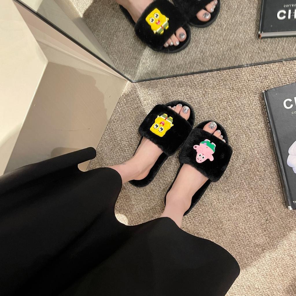 Fashion one-word soft-soled open-toed cotton slippers 2025 home cute non-slip girl heart fluffy slippers cotton slippers women