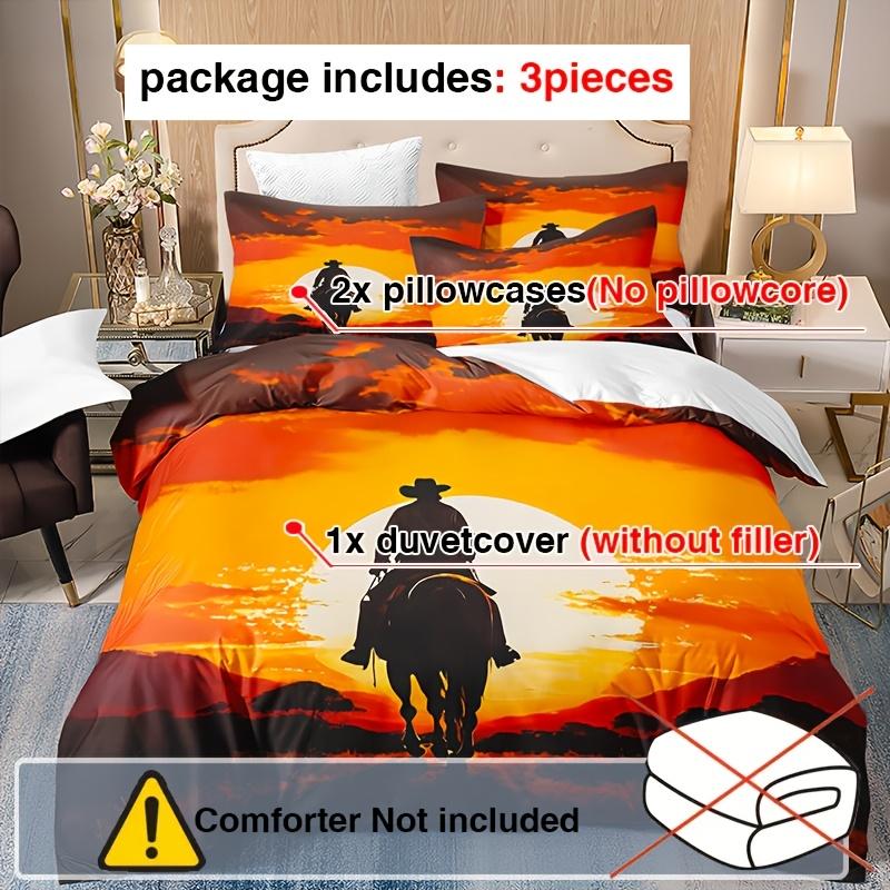 Western Cowboy 3Pcs Duvet Cover Set, Polyester  Breathable Bedding With Zipper Closure, Machine Washable, Digital Print