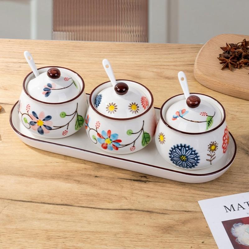 4 Piece Ceramic Spices Container Set Includes Decorative Tray Durable Kitchens Organizers for Spices Condiments