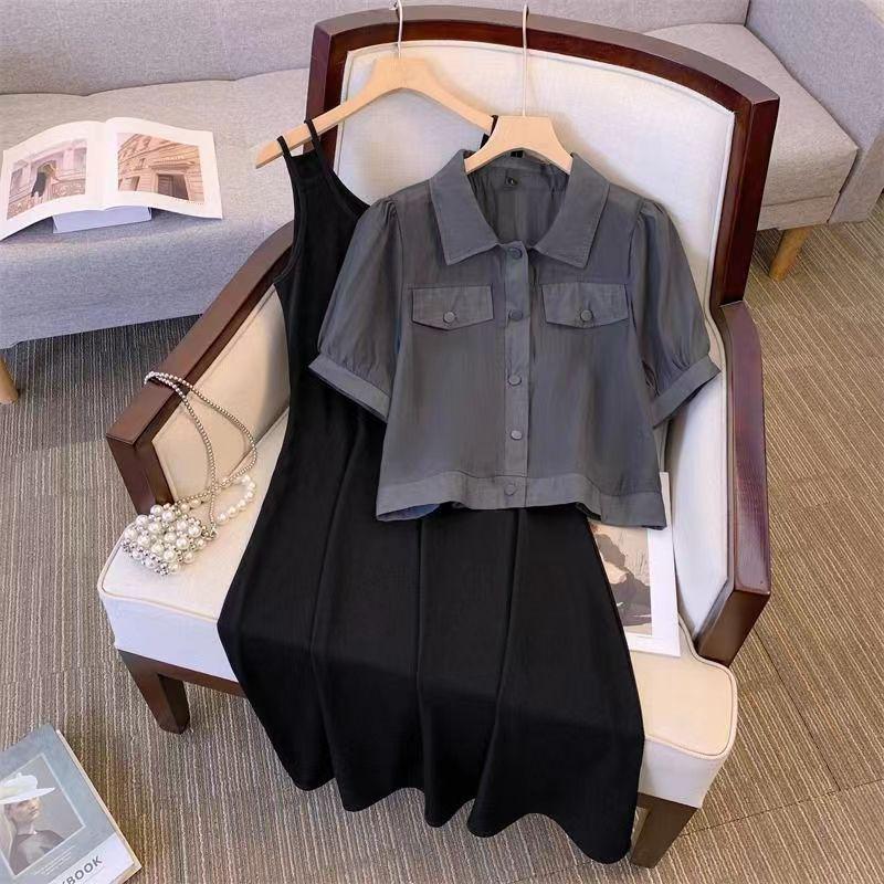 Curvy Girls' Plus Size Hong Kong Style Two-Piece Dress: Short Sleeve Cardigan & Camisole for a Slimming, Stylish Look