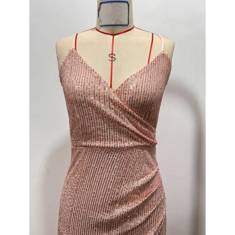 Women Sequined Spaghetti Strap V Neck Bodycon Long Evening Party Dress