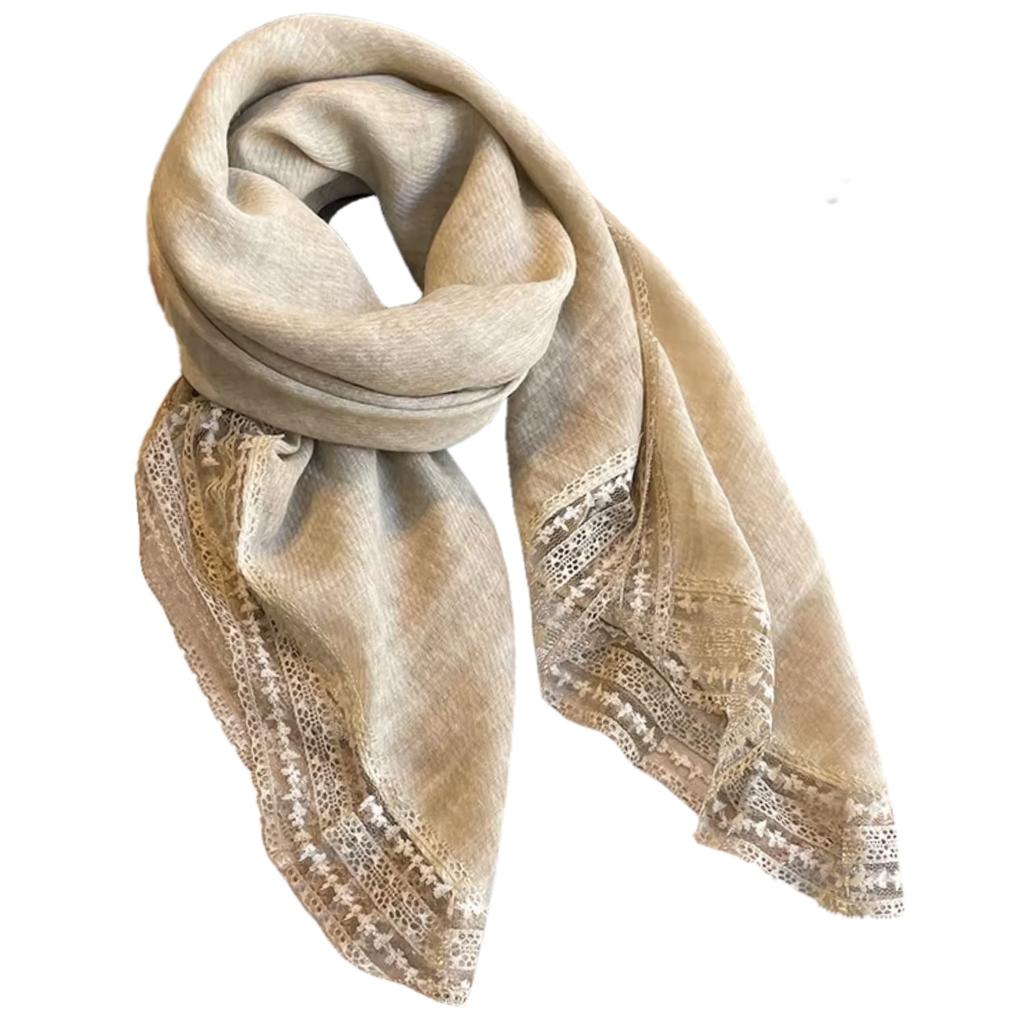 Beige Cotton Shawl with Lace - 100X100 , Natural Elegance