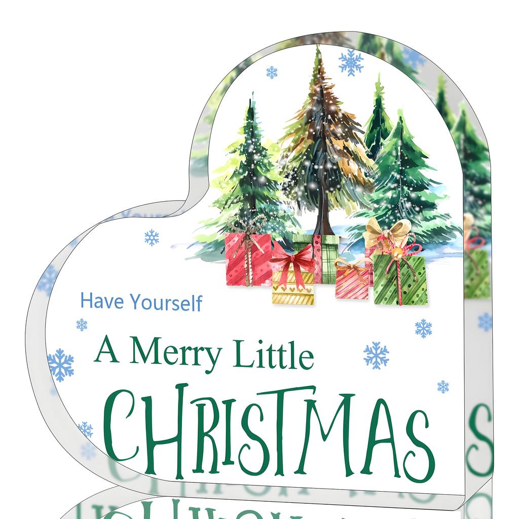 1pc Heart-Shaped Acrylic Christmas Tabletop Ornament with Festive Pine Trees & Gift Design - Multifunctional Holiday Decoration for Home