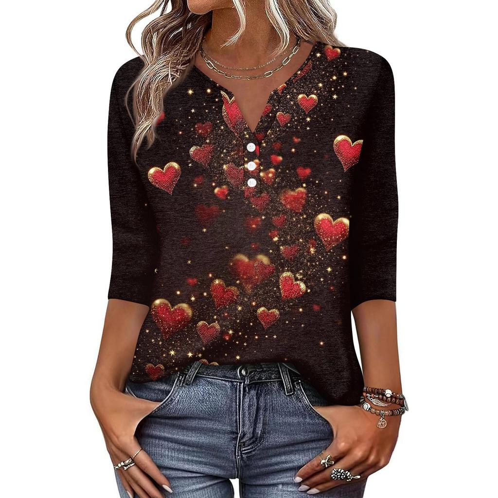 Women's T Shirt Print Button 3/4 Sleeve Daily Weekend Fashion Basic V- Neck Regular Top