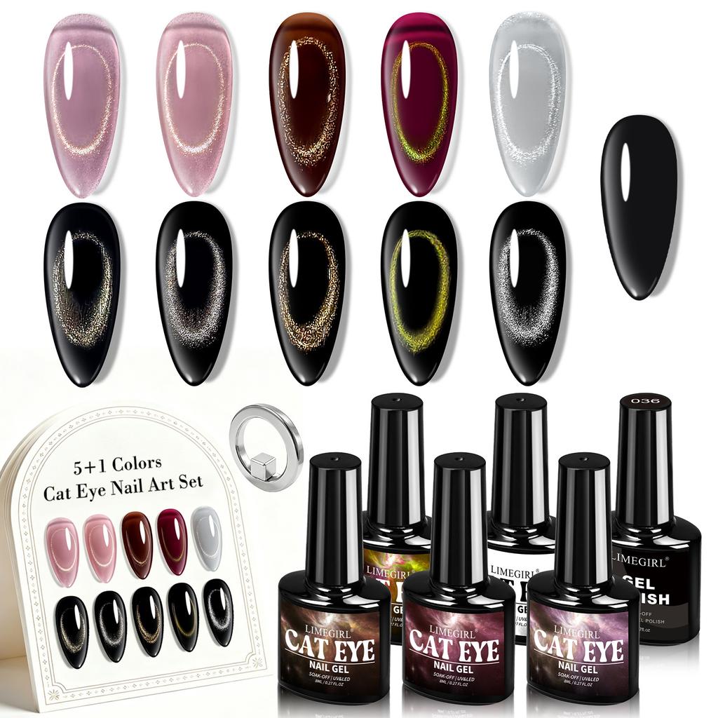5+1 Cat Eye Gel Polish Kit Black Magnetic Nail Polish Ring Magnet Tool Set Long-Lasting Soak Off UV Gel