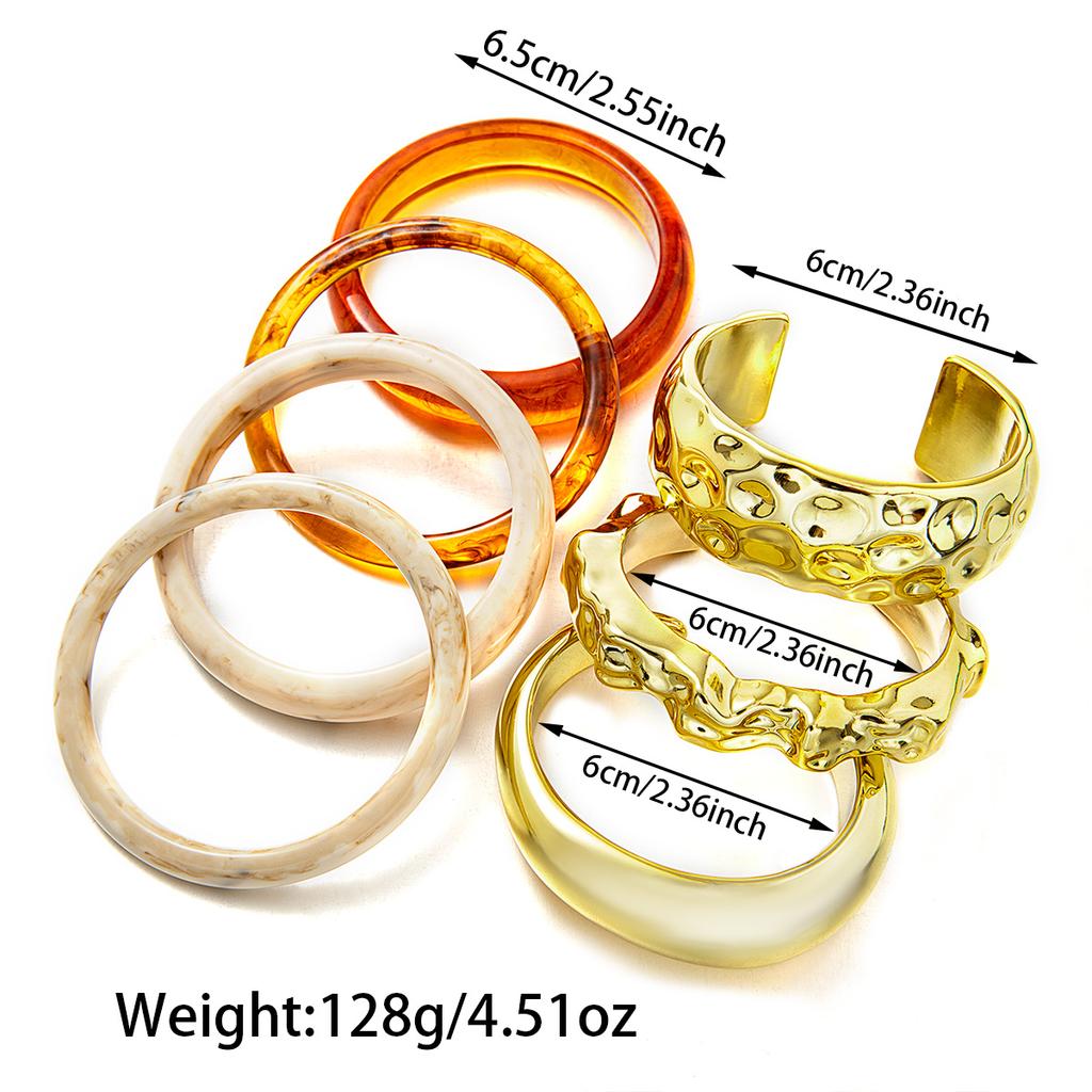 7-piece geometric circular ring ink painting resin bracelet with wide surface pounding pattern and opening bracelet set