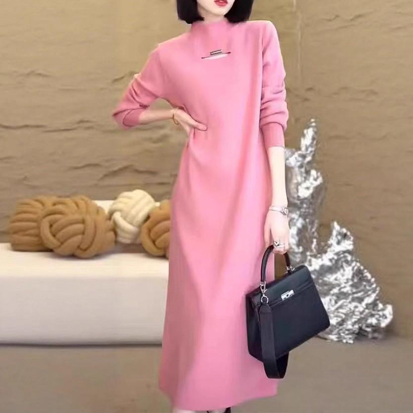 Semi-turtleneck with coat temperament dress women's autumn and winter medium and long loose and thin solid color knitted sweater skirt