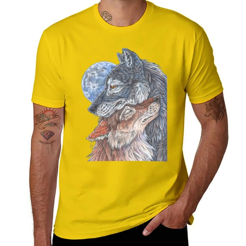 Two Wolves Under Full Moon, No Background T-Shirt Summer Top Heavyweights Mens Graphic T-shirts Hip Hop