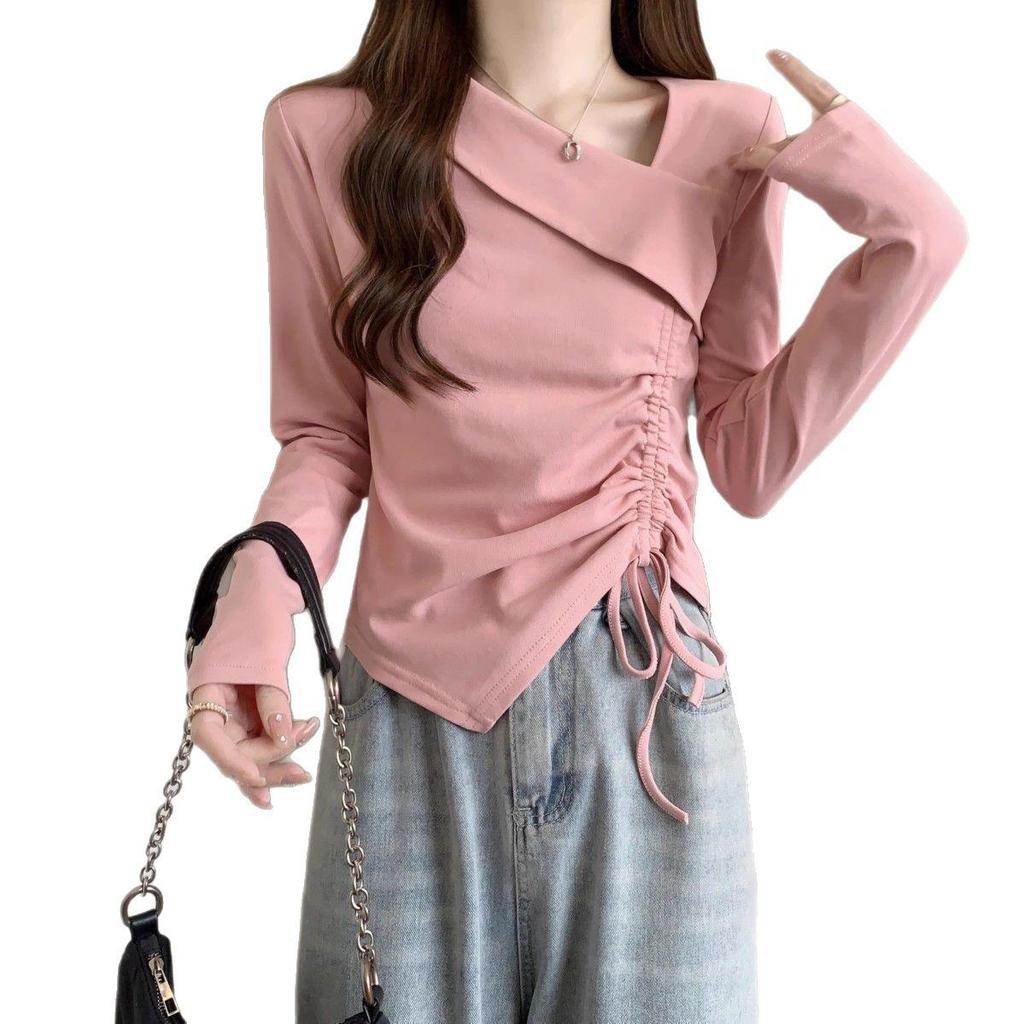 Women's Plus Size Irregular Drawstring Long Sleeve T-Shirt - Slimming Autumn 2025 Base Layer Design