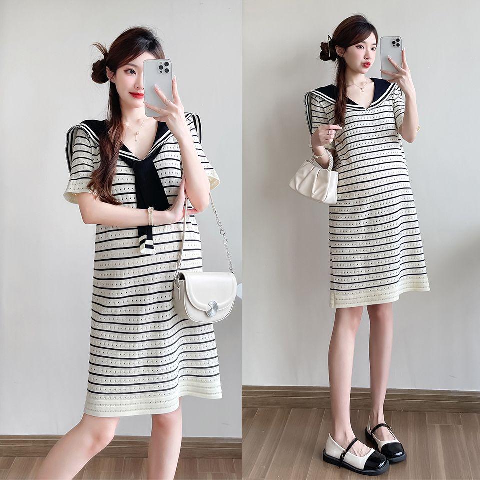 Navy Striped Korean Style Maternity Summer Dress, Casual Loose Fit, Slimming Ice Silk Knit with Hollowed-Out Details