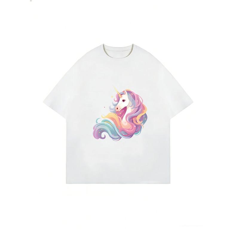 Oversized T Shirt Black Unicorn Rainbow Print For Casual Wear