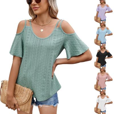 2025 Spring/summer New Solid Color V-neck Off-shoulder Loose Women's Short-sleeved T-shirt Top