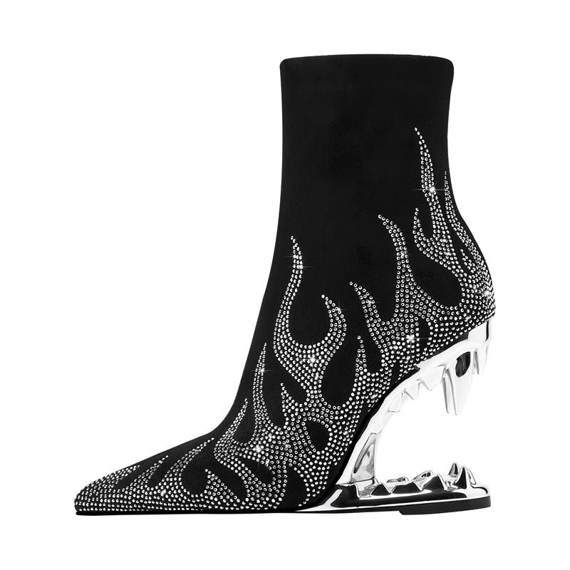 Fashion Kaky's New Water Diamond Flame Pointed Super High Heel Shaped Heel Wolf Teeth Tiger Teeth Women's Short Boots and Women's Boots