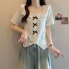Damenbekleidung Pullover mit eckigem Ausschnitt Stilvoll Süße Schleife Sommer Elegant Slim Kurzarm Basic Einfarbig Unregelmäßige T-Shirts
