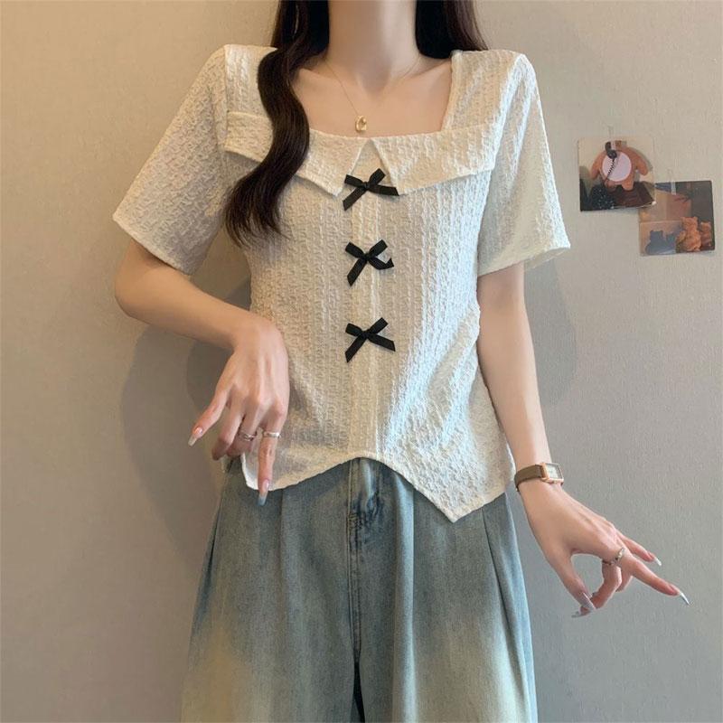 Damenbekleidung Pullover mit eckigem Ausschnitt Stilvoll Süße Schleife Sommer Elegant Slim Kurzarm Basic Einfarbig Unregelmäßige T-Shirts