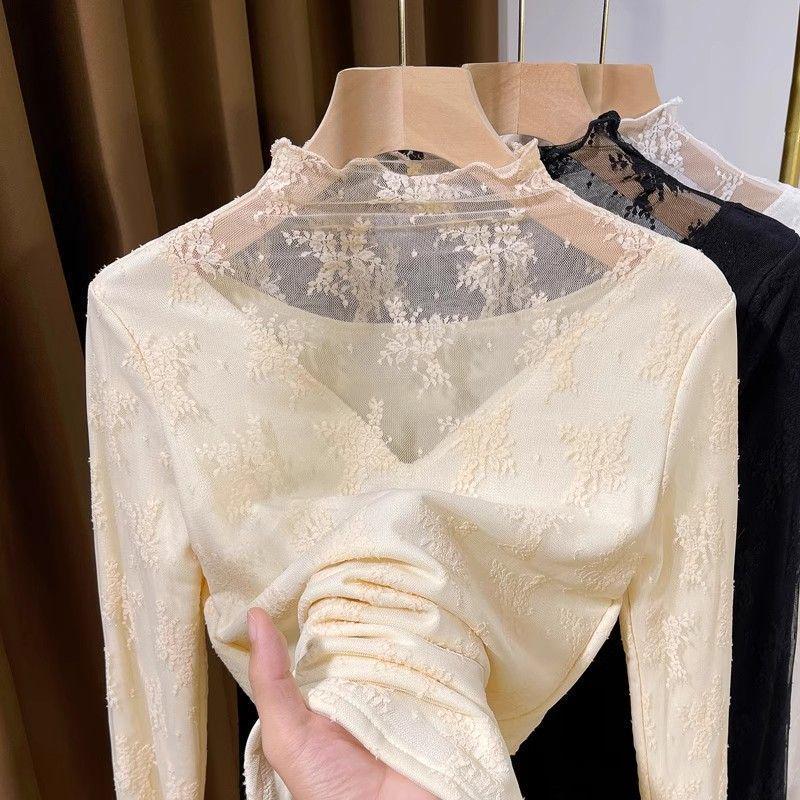 Fleece-Lined High-Neck Sheer Lace Base Layer for Women – Autumn/Winter Trendy White Mesh Top
