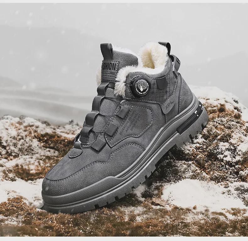 Xuheng Men's High-Top Martin Boots: Winter Plus Velvet, No-Lace, Rotating Buttons, Thick Leather, Warm and Casual.