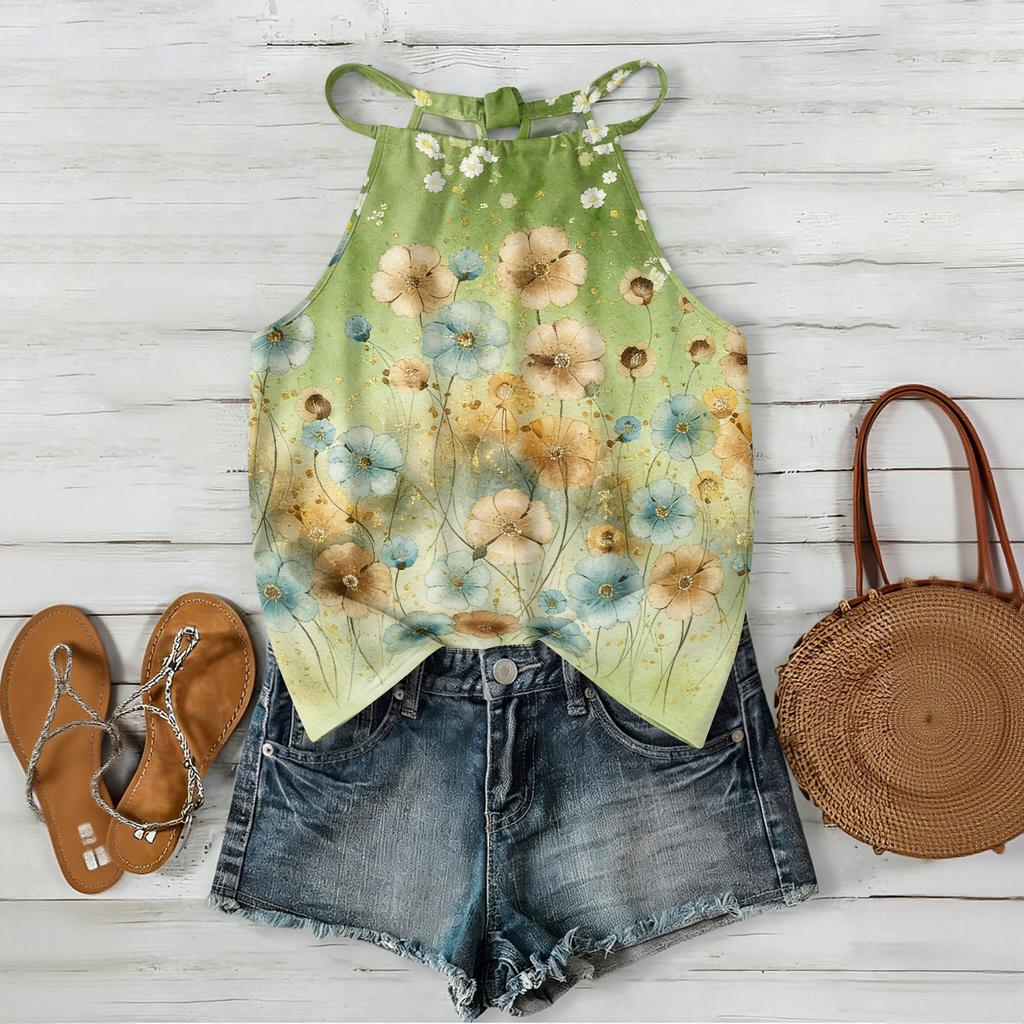 Boho Blumenmuster Ärmelloses Tanktop Leichte Sommer-Freizeitbluse Lockere Passform mit Verstellbaren Trägern für Damen