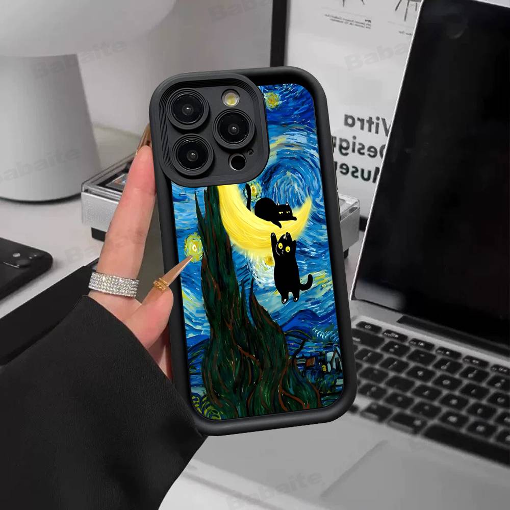 Black Cat Van Gogh Silicone Soft Phone Case For IPhone 17 16 14 13 12 11 15 Pro Max Plus Air Cover