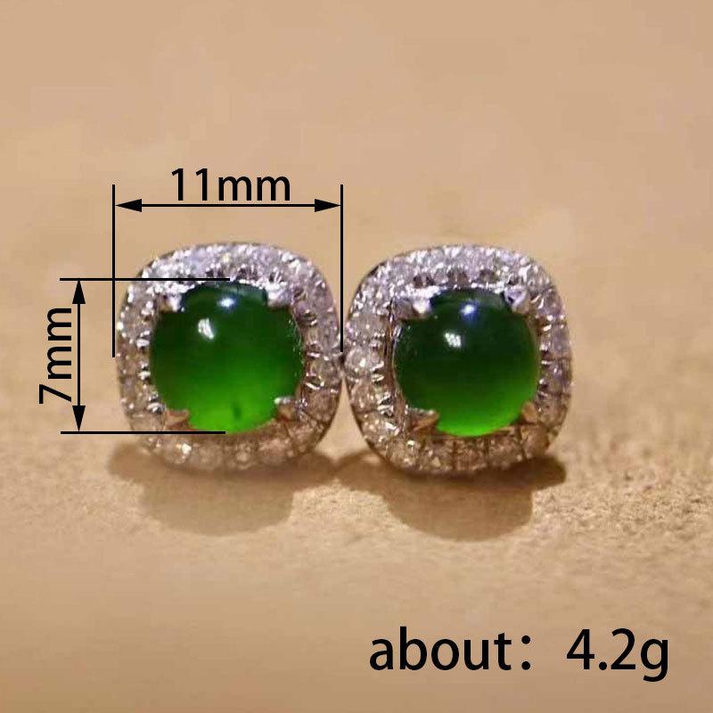 Natural Chalcedony Green Square Earrings for Women Retro Inlay Diamonds Small Round Bead Earings Stud Fashion Jewelry