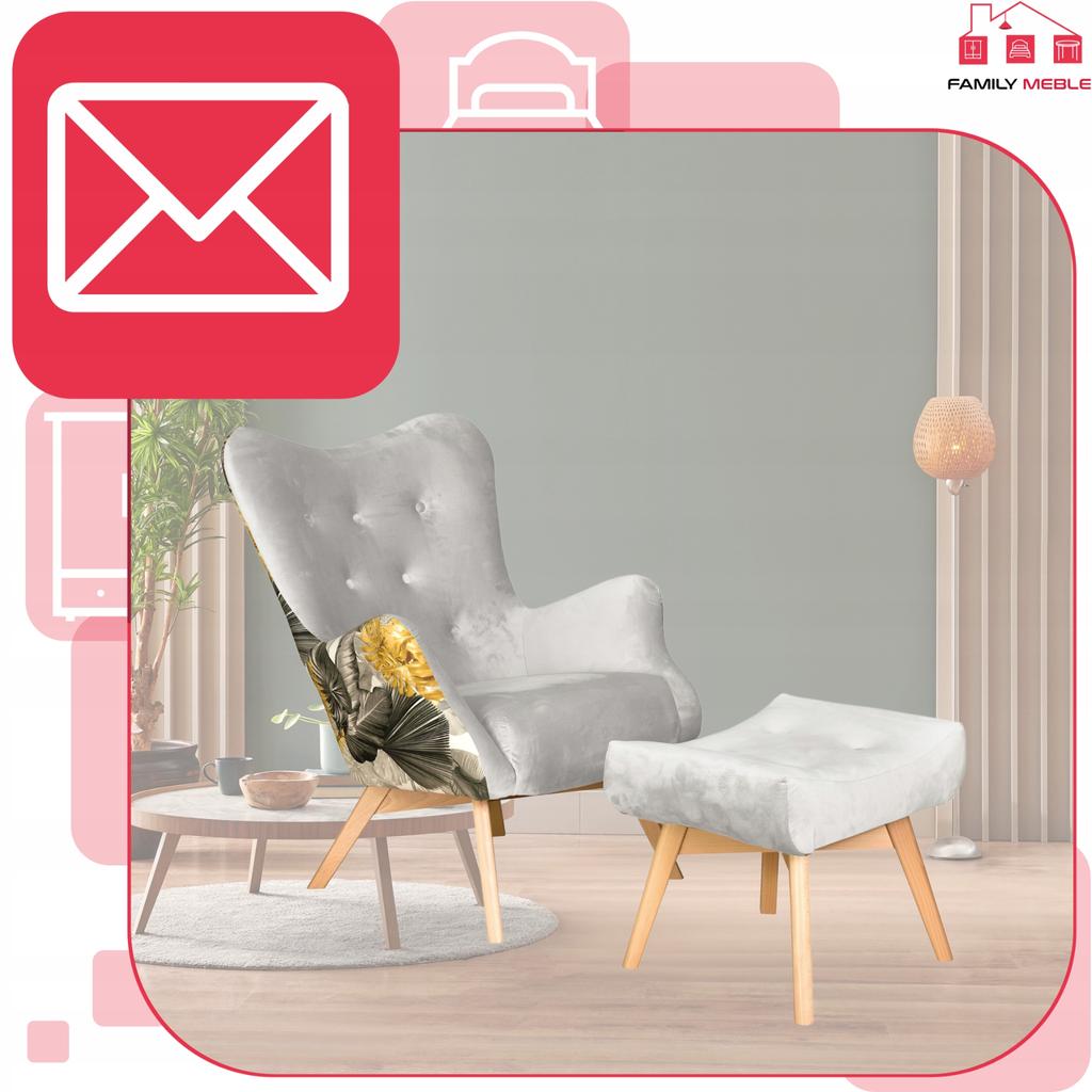 Fotel z pufą skandynawski uszak Luna Print Duo podnóżkiem Family meble szary