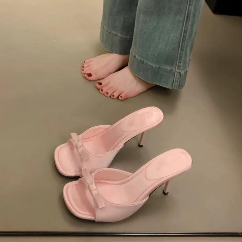 Fashion French Style Bow Slippers for Women 2025 Summer New Square Head High Heel Slippers Fashion Casual Leather Sandals Designer Pumps