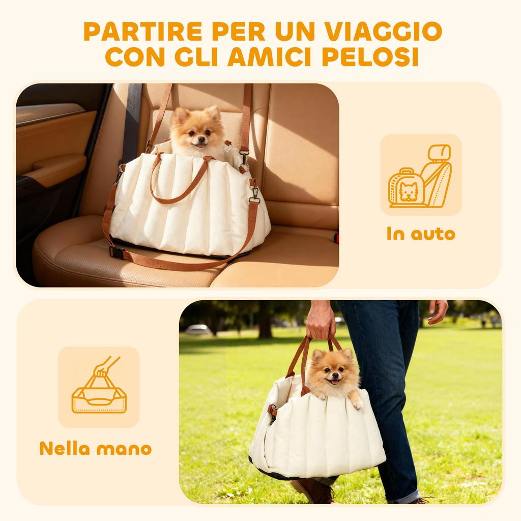 Small Dog Car Seat with Leash and Non-Slip Base, Convertible to Pet Bag, Cream