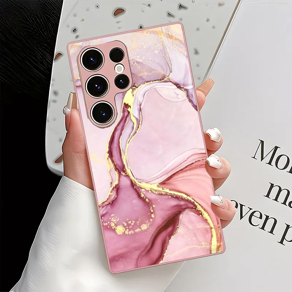 Marmortexturierte metallische Lackglas-Handyhülle geeignet für Samsung Galaxy S26 S25 S24 S23 S22 S21 S20 FE/Ultra/Plus stoßfest