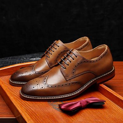 Brock Carved Formal Wear Men's Shoes for Business British Derby Genuine Leather Handmade Leather Toe Layer Cowhide Wedding Shoes Extra Large Size